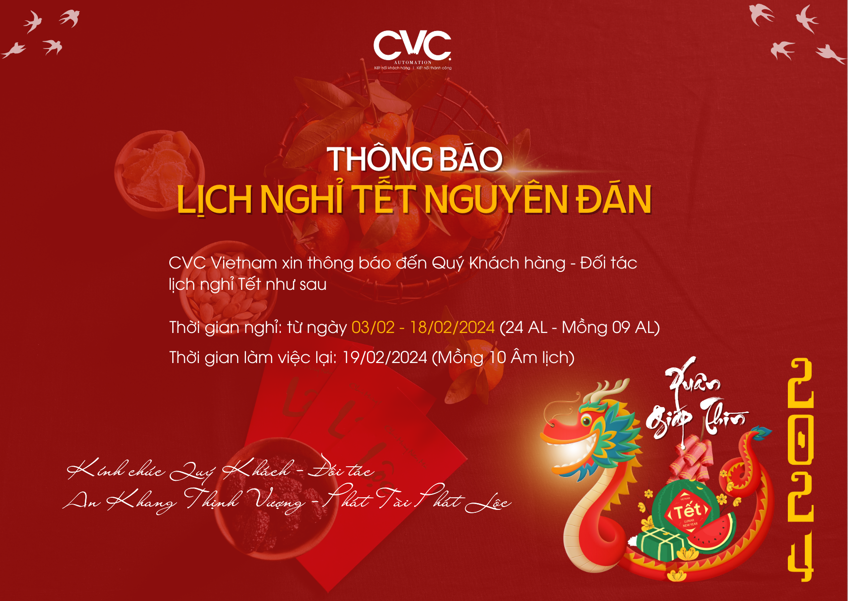 THÔNG BÁO LỊCH NGHỈ TẾT NGUYÊN ĐÁN - XUÂN GIÁP THÌN